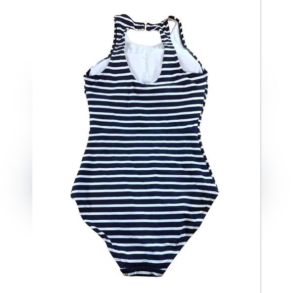 Lands' End Navy Stripe High Neck UPF 50 Open Back Swimsuit Sz M Fully Lined NWT - Picture 5 of 8